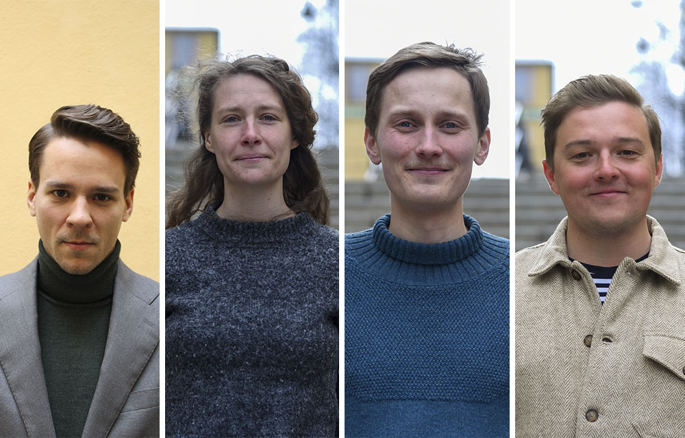 Från vänster till höger: Lorentz Tovatt, klimatpolitisk talesperson Miljöpartiet, Felicia Olsson, språkrör Gröna Studenter, Sigurður Andersson, språkrör Gröna Studenter, Markus Barnevik Olsson, klimatpolitisk talesperson Gröna Studenter