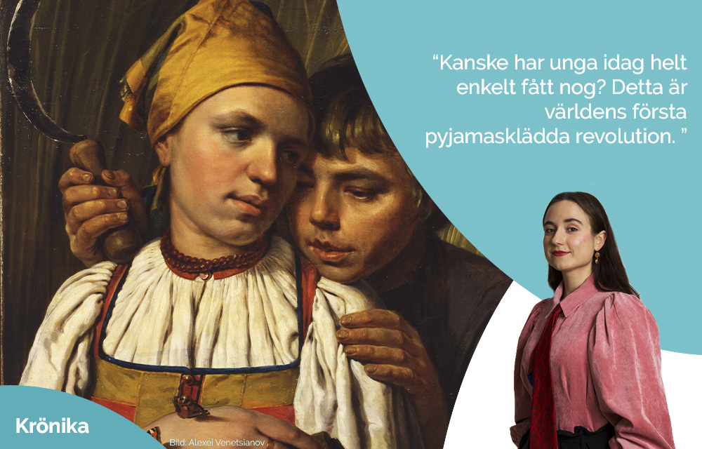 Oljetavla med skära och skribenten Hilda i rosa blus