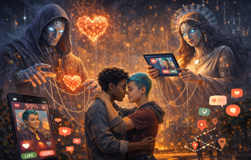 Kärlekspar omgiven av dejtingapps-Gudar